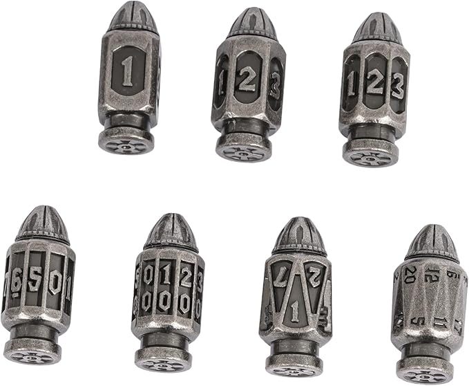 UDIXI Metal DND Dice Set, 7-Die Bullet Polyhedral Dice Set Cool Style with Unique Container for D&D, Role Playing Game or Other Tabletop Games（Silver）
