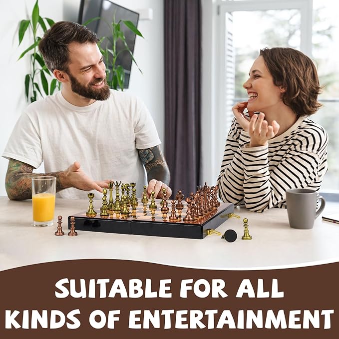 Vintage Metal Chess Set for Adults – 15" Wooden Chess Board with Metal Chess Pieces Travel Chess Set with Retro Chessmen – Collectible Elegant Chess Game – Family Vintage Board Game for Kids