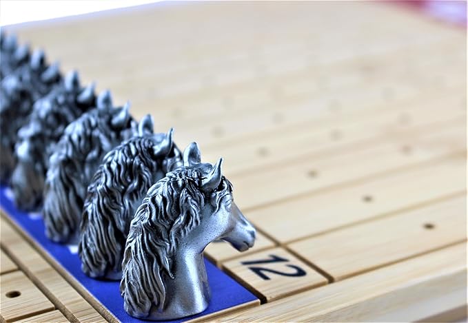 Metal Horse Race Board Game Set with Horse Racing Thick & Solid Wood Game Board, 11 Luxurious & Durable Classic Silver Colored Metal Craft Horses, Dice and Cards for Horseracing (HR-551)