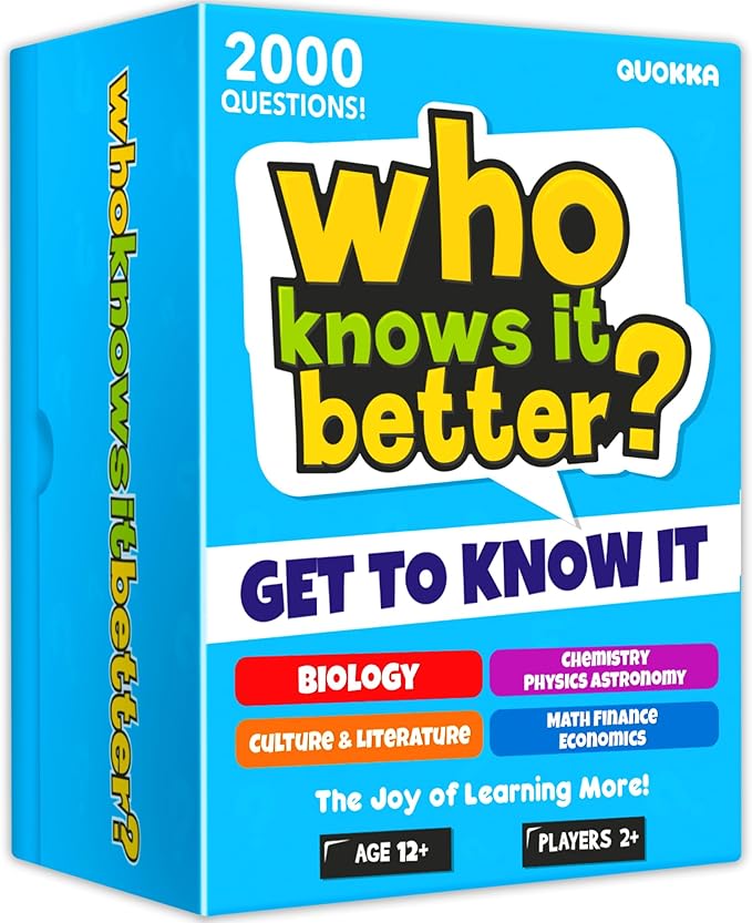 QUOKKA Board Games for Kids 8-12 and Family - Set of 4 Who Knows It Better? - 2000+ Questions Across Biology, Culture, STEM and Math - Educational Trivia Cards for Learning and Game Night