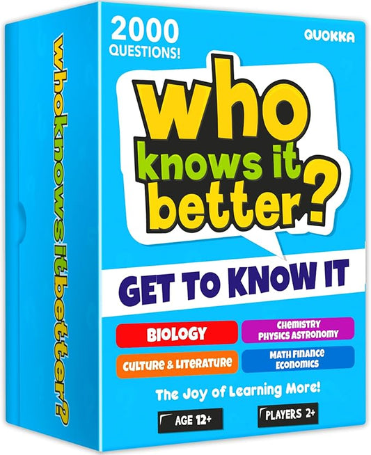 QUOKKA Board Games for Kids 8-12 and Family - Set of 4 Who Knows It Better? - 2000+ Questions Across Biology, Culture, STEM and Math - Educational Trivia Cards for Learning and Game Night
