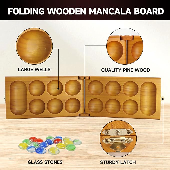 GSE Games & Sports Expert Folding Wooden Mancala Board Game with Multi-Color Glass Stones and Storage Bag, Portable Family Travel Strategy Games Set for Kids & Adults (Oak)