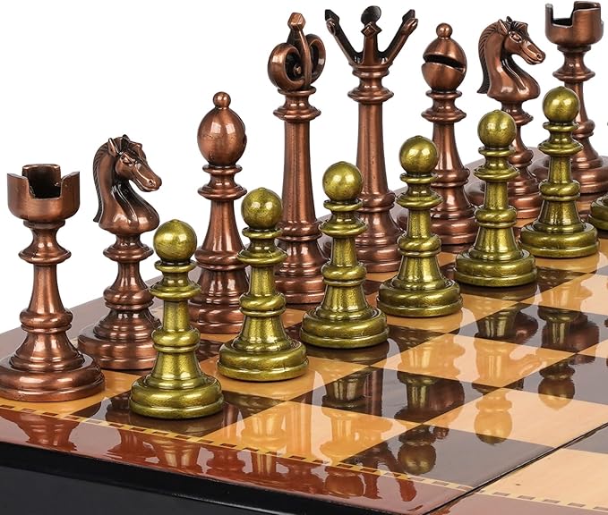 Vintage Metal Chess Set for Adults – 15" Wooden Chess Board with Metal Chess Pieces Travel Chess Set with Retro Chessmen – Collectible Elegant Chess Game – Family Vintage Board Game for Kids