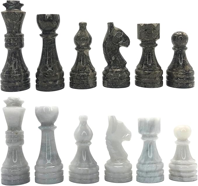 Handcrafted Premium Marble Chess Pieces Set – Elegant 32-Piece Replacement for 12-15 Inch Chess Boards Storage Box (Grey and White)