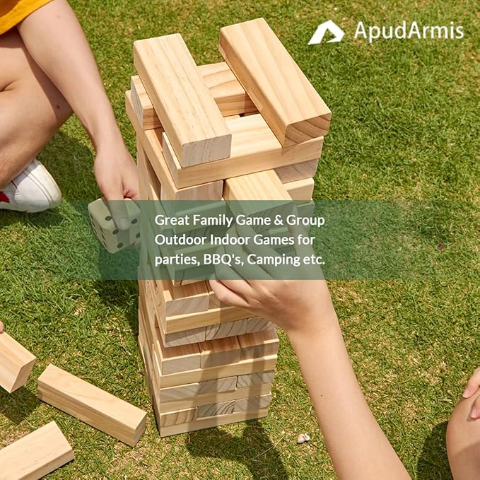 ApudArmis Giant Tumble Tower Stack to Over 5Ft, 60 PCS Pine Wooden Stacking Timber Game with 1 Dice Set - Classic Block Giant Outdoor Game (7.48 * 2.48 * 1.5 in Each Block)