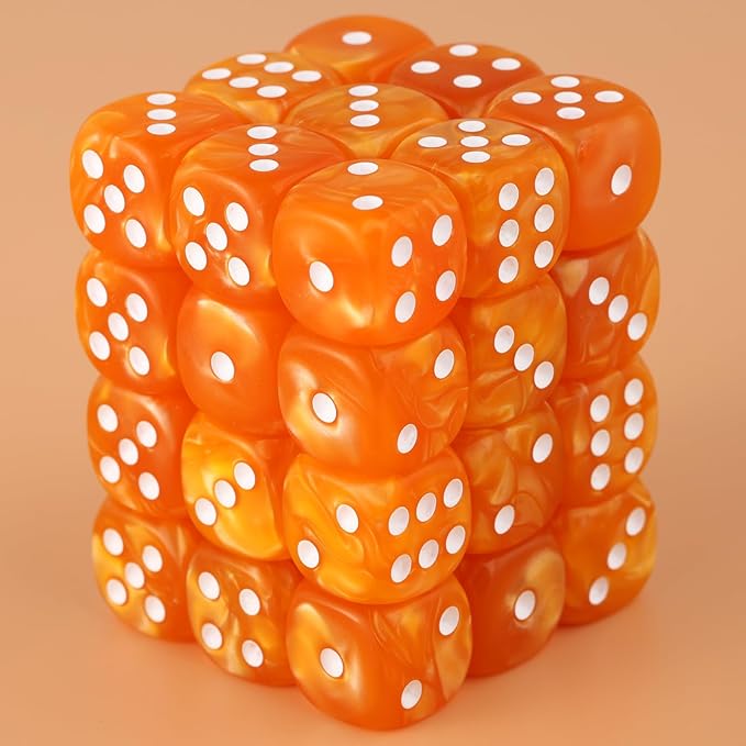 Pearl Pattern 6 Sided Mini Dice Set, 36pcs, with Orange Gaming Box