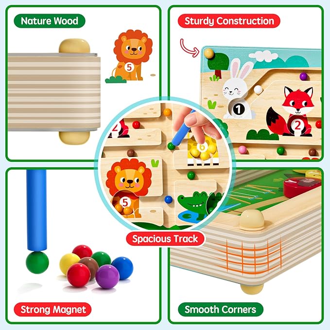 2 in 1 Magnetic Color and Number Maze Magnet Alphabet Counting Dinosaur Double Sided Board Wood Puzzle Fine Motor Skills Montessori Preschool Toys Gifts for Boys and Girls 3-5 Age (Zoo, One Size)