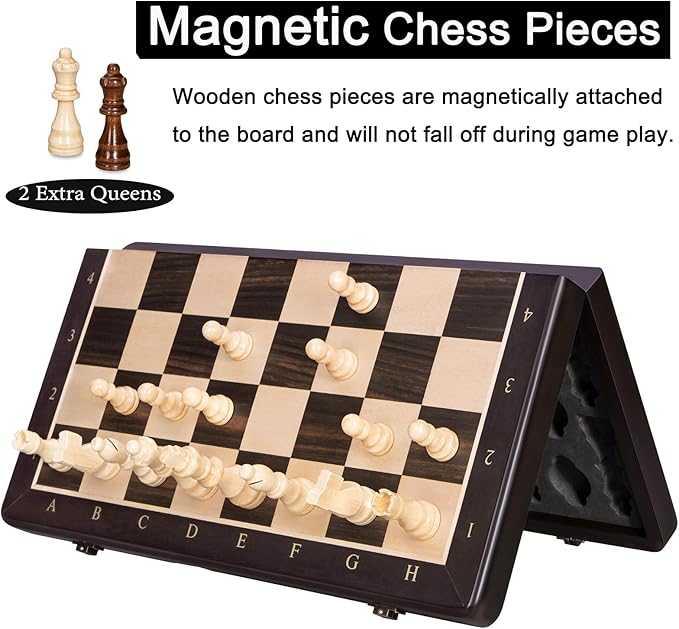 2 in 1 Wooden Magnetic Chess Set & Checkers Board Game-15'' Foldable Chess Board for Adults & Kids-Portable Travel Chess Set with Pieces Storage Slots-2 Extra Queens-Beginner Chess Board Game