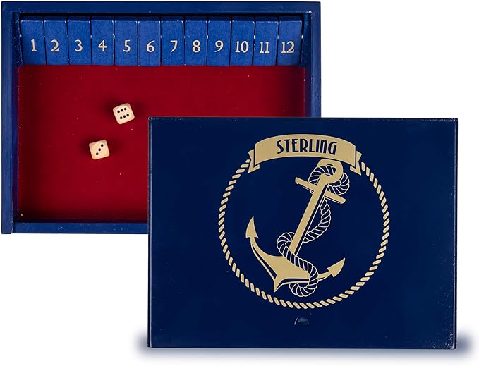 STERLING Games Wooden Shut The Box Game 12 Numbers with Home Decor Design Lid Cover and Felted Rolling Surface, Blue