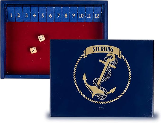 STERLING Games Wooden Shut The Box Game 12 Numbers with Home Decor Design Lid Cover and Felted Rolling Surface, Blue