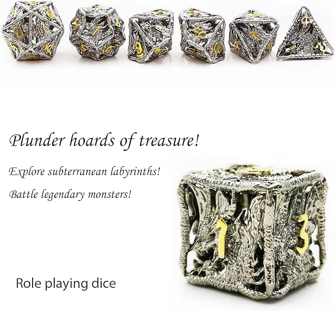 HAOMEJA Hollow Dragon Dice DND Metal Dice Set 7 Role Playing Dice D&D Dungeons and Dragons Dice (Silver)