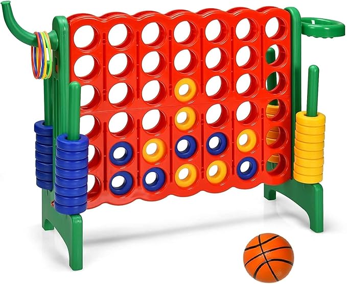 Giant 4 in a Row Connect Game, Jumbo 4 to Score Game Set w/ 42 Chess Rings, Basketball & Hoop, Toss Rings & Quick-Release Lever, Indoor & Outdoor Family Party Game for Kids & Adults