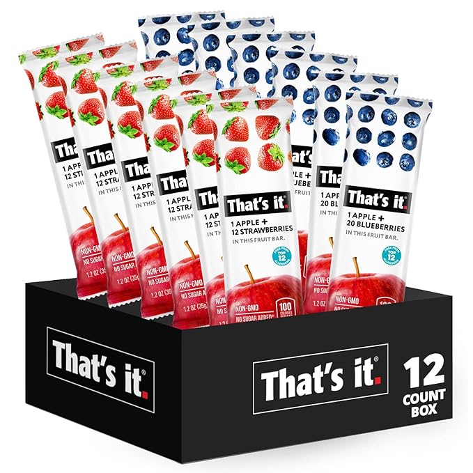 That's it. Fruit Bars 12 Variety Pack 100% Natural Real Fruit Bar, High Fiber Vegan, Gluten Free, Paleo, Non-GMO, No Sugar (6 Strawberry, 6 Blueberry)