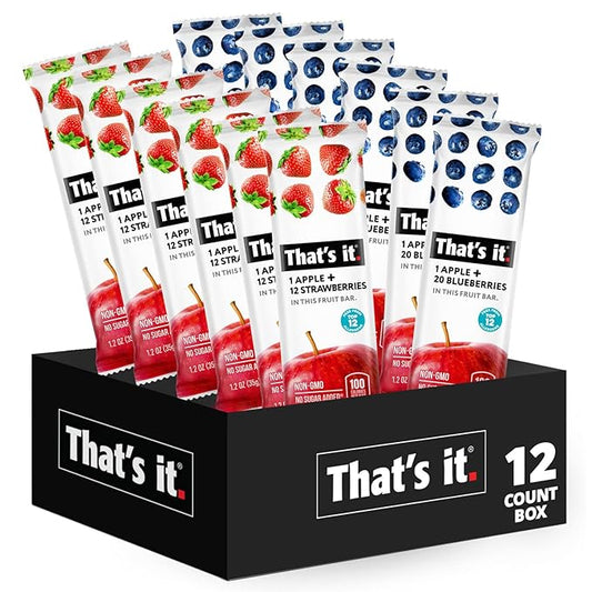 That's it. Fruit Bars 12 Variety Pack 100% Natural Real Fruit Bar, High Fiber Vegan, Gluten Free, Paleo, Non-GMO, No Sugar (6 Strawberry, 6 Blueberry)