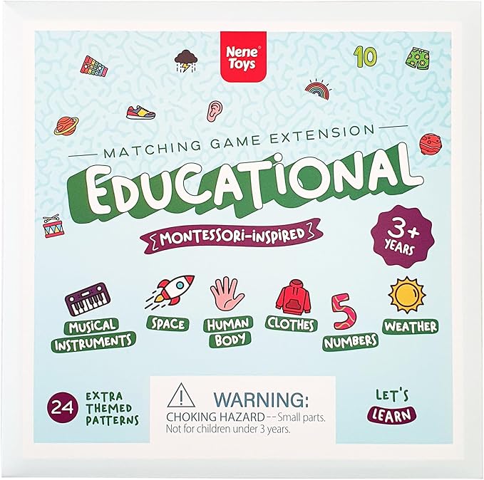 Nene Toys Educational Memory Extension Cards - 24 Extra Themed Patterns – Additional Matching Cards with Numbers, Letters, Animals, Body Parts [Nene Toys Exclusive Size]