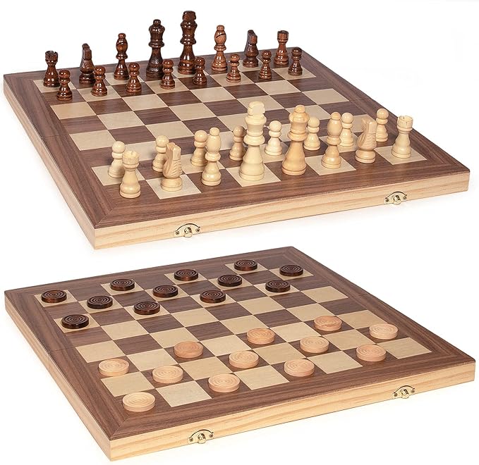AMEROUS 15'' Wooden Chess & Checkers Set, 2 in 1 Board Games -2 Extra Queens -24 Cherkers Pieces - Gift Box Packed - Chessmen Storage Slots, Beginner Chess Set for Kids and Adults