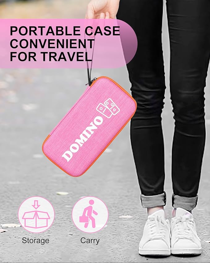 KAILE Double 6 Jumbo Dominoes 28 Tiles Classic Board Games for Kids and Adults with 4 Racks and Bag (Pink)