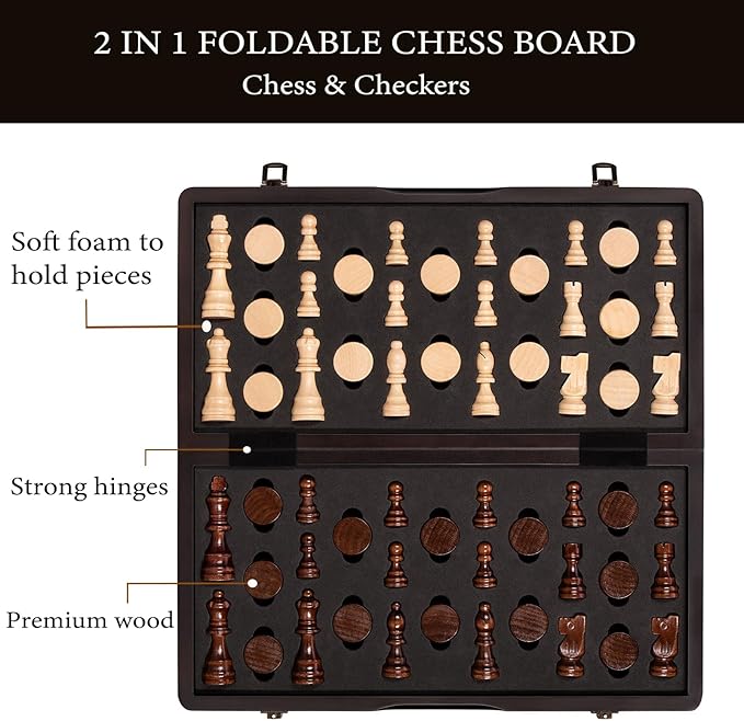 2 in 1 Wooden Magnetic Chess Set & Checkers Board Game-15'' Foldable Chess Board for Adults & Kids-Portable Travel Chess Set with Pieces Storage Slots-2 Extra Queens-Beginner Chess Board Game
