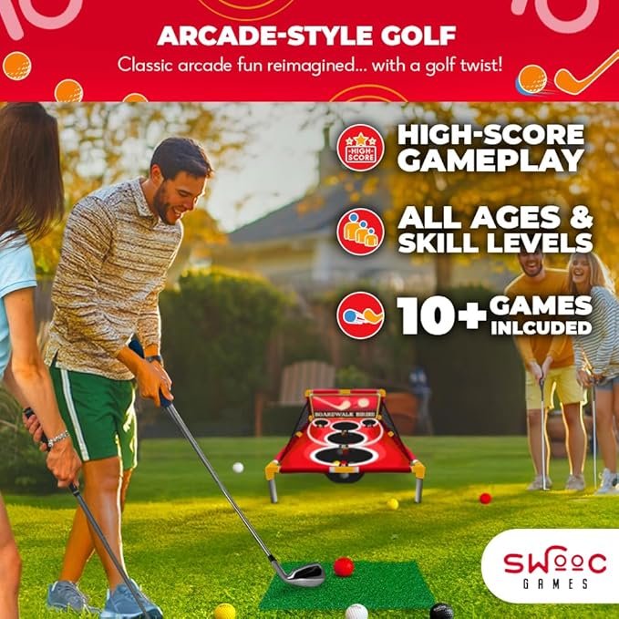 SWOOC Games - Boardwalk Birdie™ | Arcade Style Golf Game w/Easy Setup & 10+ Games Included | Golf Chipping Game | Golf Games for Adults Indoor & Outdoor | Backyard Golf Game | Golf Cornhole Game