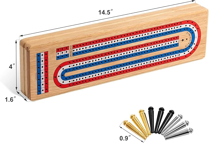 Cribbage Board Game Set with Large Storage Area, Solid Wood 3 Track Cribbage Board, 9 Metal Pegs, 2 Playing Cards and Instruction. Portable Travel Board Game for All Ages.
