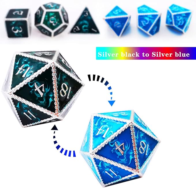 HAOMEJA Color Changing Temperature Metal Dragons DND dice Set D&D dice Set Role Playing Dice Apply to Dungeons and Dragons Black Transition Blue