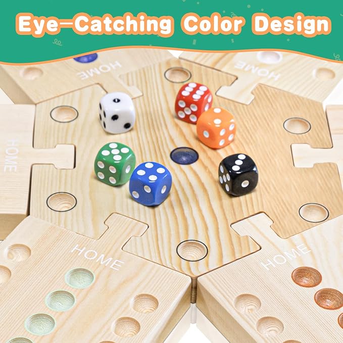 JEVERGN Marble Board Game Set, Portable Fast Track Game, Wooden Board Games for 2-6 Players, with 36 Marbles and 12 Dice (6 Colors) for Family Friends, Party Game Night