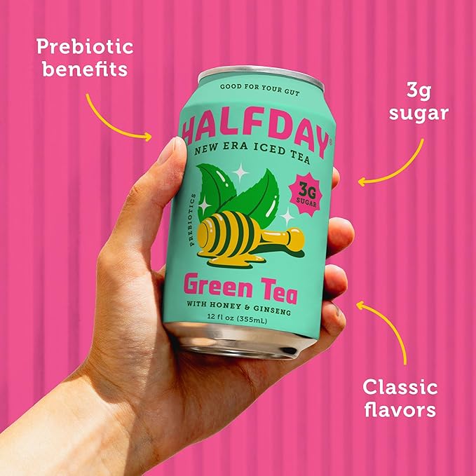 HALFDAY Prebiotic Green Tea with Honey & Ginseng, Supports Digestive & Gut Health, 6g Plant Fiber, Low Sugar, 30 Calories, Natural Caffeine, Gluten Free, 12 fl oz (12 pack) Packaging May Vary