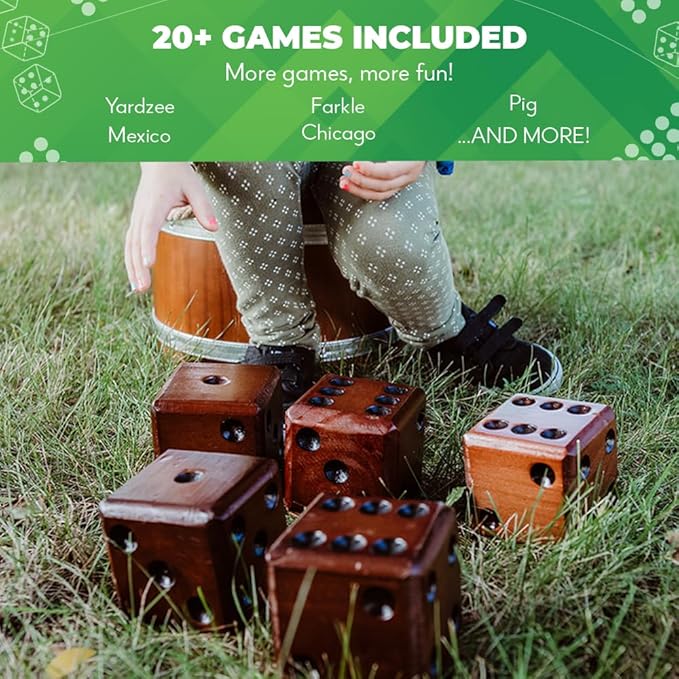 SWOOC Games - Yardzee, Farkle & 20+ Giant Dice Games (All Weather) Yard Dice with Wooden Bucket, 5 Scorecards & Marker - Jumbo Dice Yard Game - Extra Large Yard Games for Adults - Jumbo Lawn Games