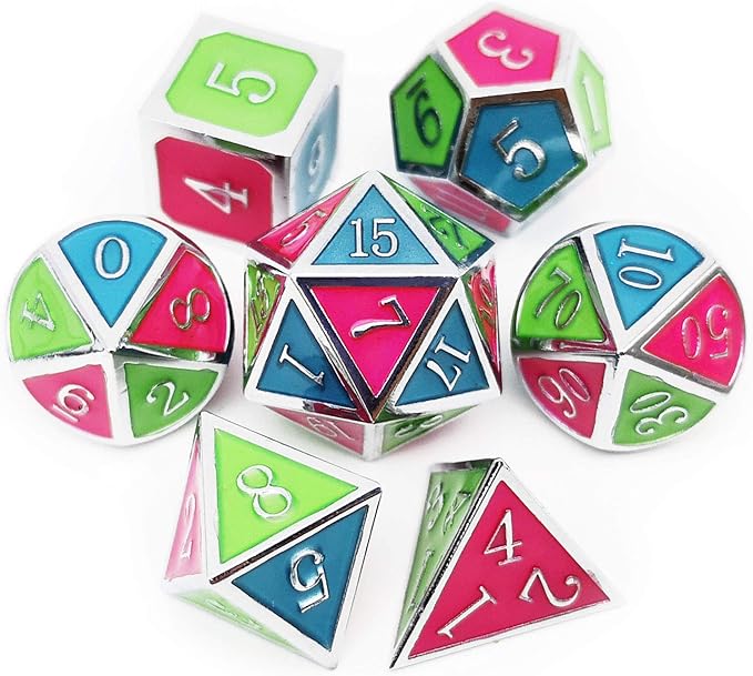 Haxtec Glow in The Dark Glowing Blue Red Green Silver Metal Dice Set D&D 7PCS DND Dice Set for Dungeons and Dragons RPG Games-Silver Glowing Blue Green Red