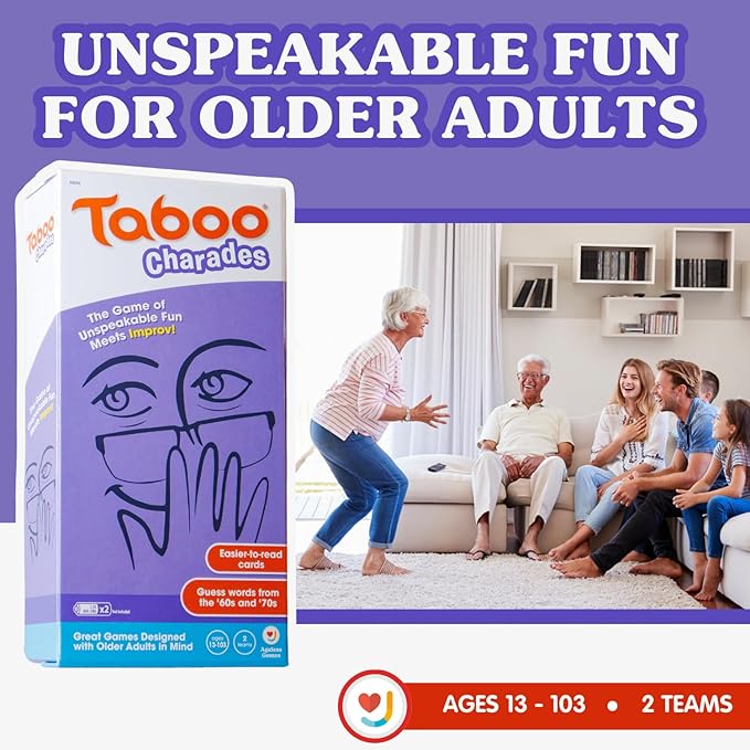 Ageless Games Taboo Charades - Classic Word Guessing & Charades Game for Older Adults - Big Easy to Read Cards for Low Vision - 80 Customizable Word Guess Cards - Fun Family Card Game for Ages 13-103