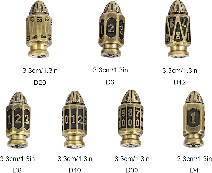 UDIXI Metal DND Bullet Dice Set, 7-Die Polyhedral Metal Dice Set with Unique Container for D&D, Role Playing Game or Other Tabletop Games（Ancient Bronze）
