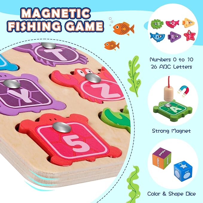 Alphabet Fishing Game - Wooden ABC Letter Puzzle for Toddlers 3-5 Years Old, Fine Motor Skills Toy, Birthday Gift for Kids