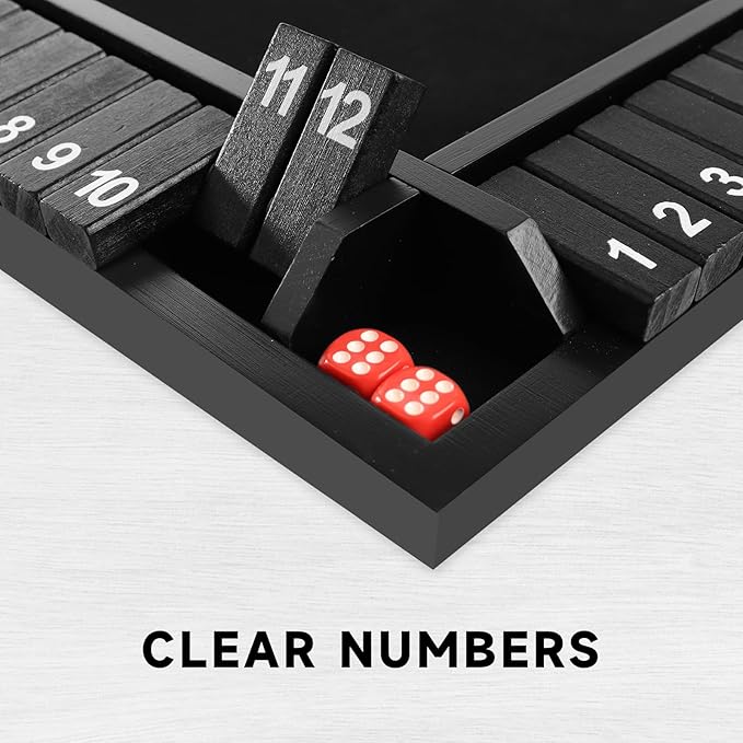 GSE Games & Sports Expert 1-4 Player Wooden Shut The Box Board Game with 8 Dice. 4-Way 12 Numbers Shut The Box Dice Set of Popular English Pub Board Game - Black