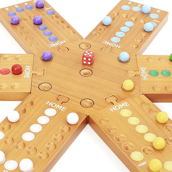 Marble Board Game, Wooden Board Game for 4 and 6 Players, Portable Original Marble Game with 24 Marbles 12 Dice for Family Friends Party Game Night