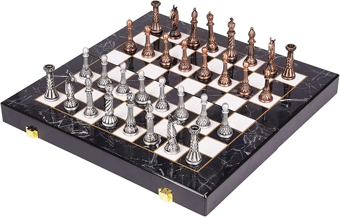 Retro Metal Chess Set for Adults and Kids – Marbling Chess Board with Chess Pieces – Travel Chess Set with Metal Pieces – Folding Chessboard – Ideal for Beginners and Professional Players
