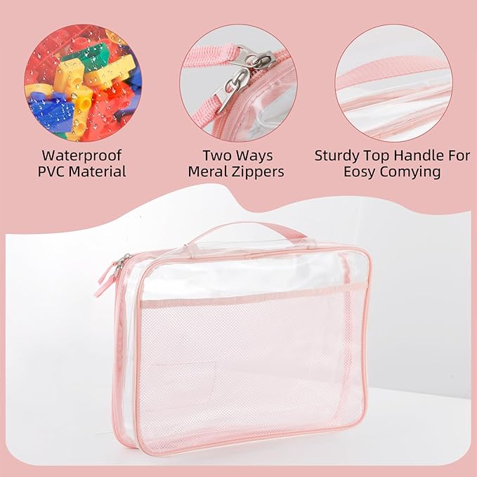 4-Pack PVC Waterproof Toy Storage Bags（Label, 10 Memo Cards), Large 13.8" x 3.2" x 10" Clear Double Zipper Organizing Bags with Handle, Magnetic Tiles Blocks Board game Storage Organizer Case