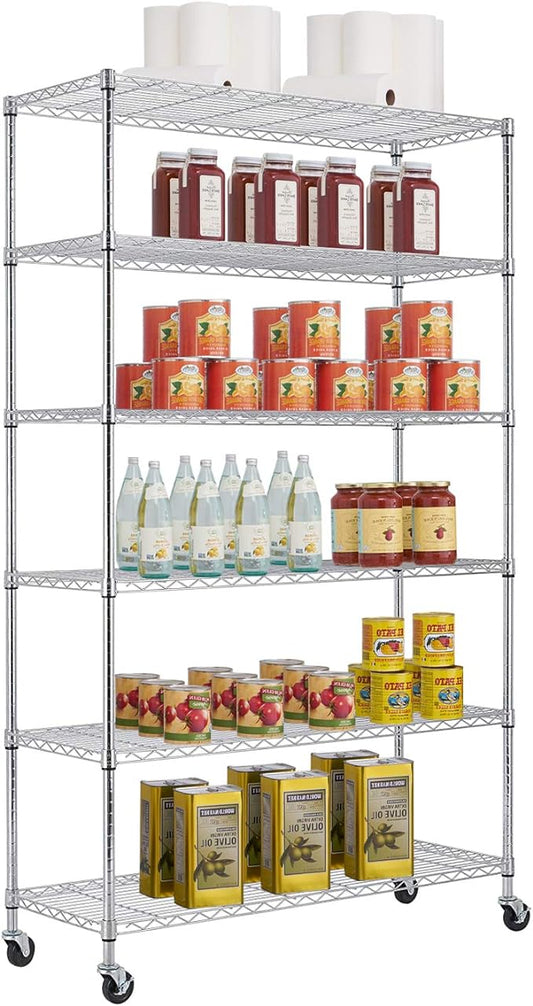 48" D×18" W×82" H Wire Shelving Unit Metal Shelf with 6 Tier Casters Adjustable Layer Rack Strong Steel for Commercial Restaurant Garage Pantry Kitchen Garage，Chrome