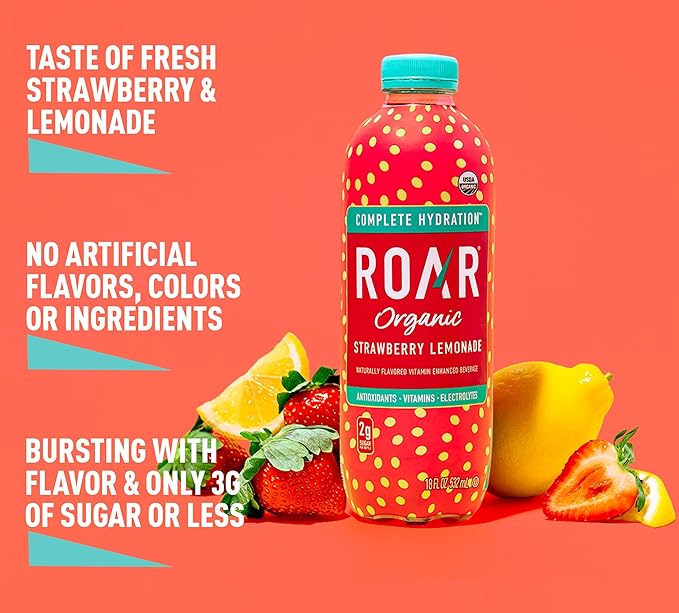 Roar Organic Hydration Organic - Electrolyte Drinks Loaded with Vitamins C, B5, B12 - Non-GMO, Gluten-Free - Strawberry Lemonade - 12 pc