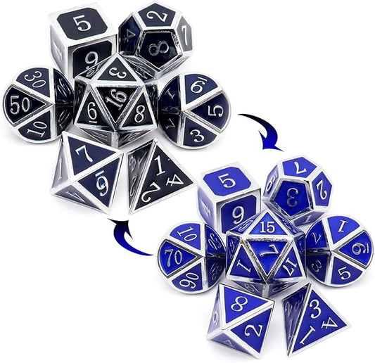 Haxtec Heat Sensitive Metal DND Dice Set Color Changing Metal Dice Temperature Polyhedral D&D Dice for RPG Dungeons and Dragons-Silver Black Blue Shift