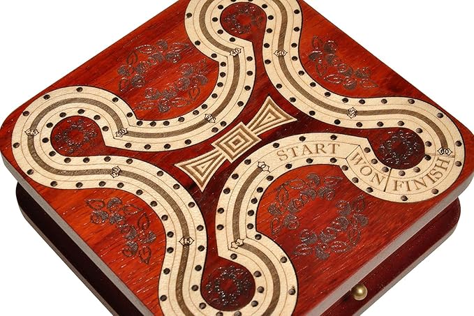 PALM ROYAL HANDICRAFTS 2 Track Wooden Cribbage Board- Two Player Cribbage (60 House) - Alphabet X Track Cribbage Board-2 Decks of Cards and pegs Available (5.5 x 5.5 Inches Small).