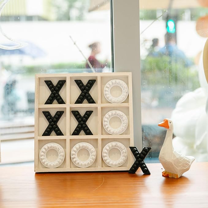GENMOUS Wooden Tic Tac Toe Game Board for Seniors Family Indoor Game, 10.6 Inch White Rustic Giant Tic Tac Toe Coffee Table Decor, Tic Tac Toe Board Game Fun for Family Travel Outdoor Game Room Decor