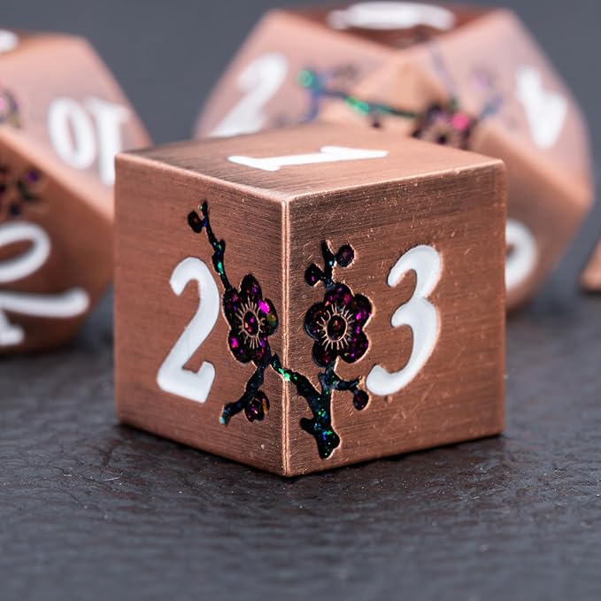 Glitter Purple DND Metal Dice, Flower Metal DND Dice Set with Gift Case for Dungeons and Dragon,7PCS Solid Metal Dice Tabletop Game (Antique Red Copper-Red)