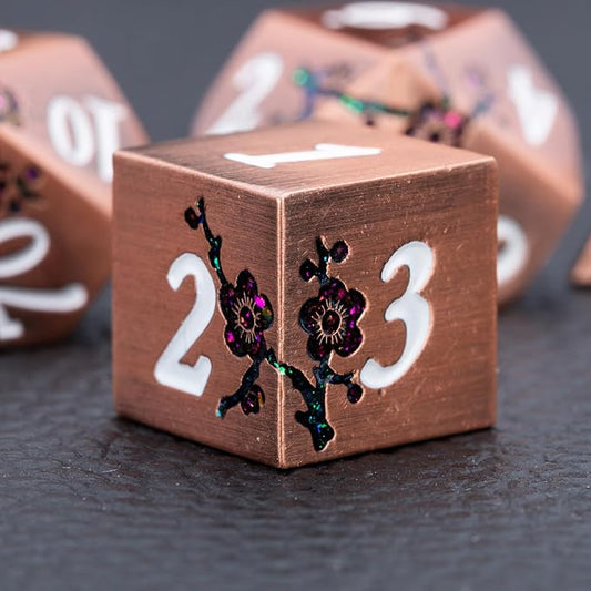 Glitter Purple DND Metal Dice, Flower Metal DND Dice Set with Gift Case for Dungeons and Dragon,7PCS Solid Metal Dice Tabletop Game (Antique Red Copper-Red)