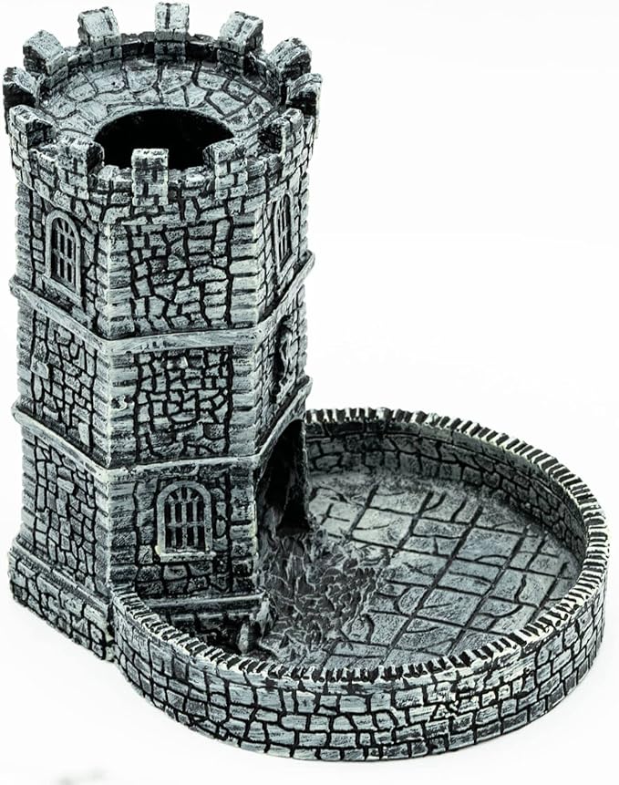 Castle Dice Tower with Tray, Wall Carving Dice Rolling Tray for Dungeons and Dragons | Easy Roller Perfect for Board Game, D&D and RPG, (Grey)