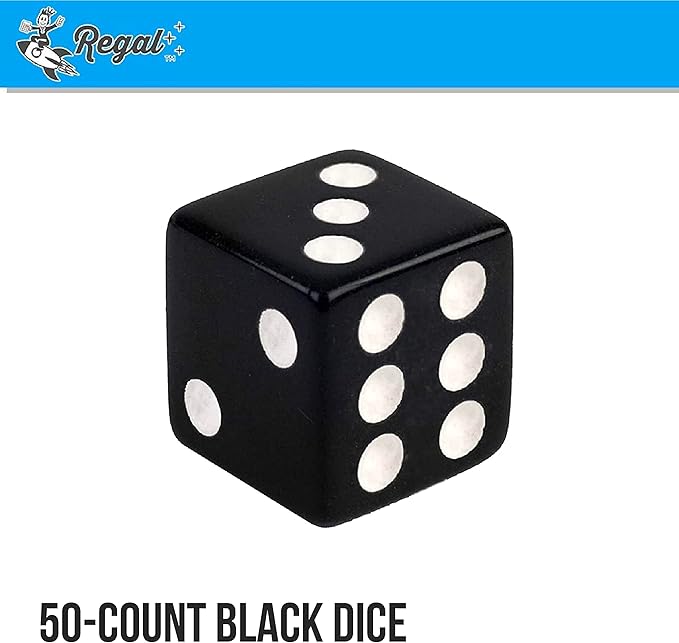 Regal Games 6 Sided Square Dice - Black, 16mm, 50 Piece Set for Family Game Night