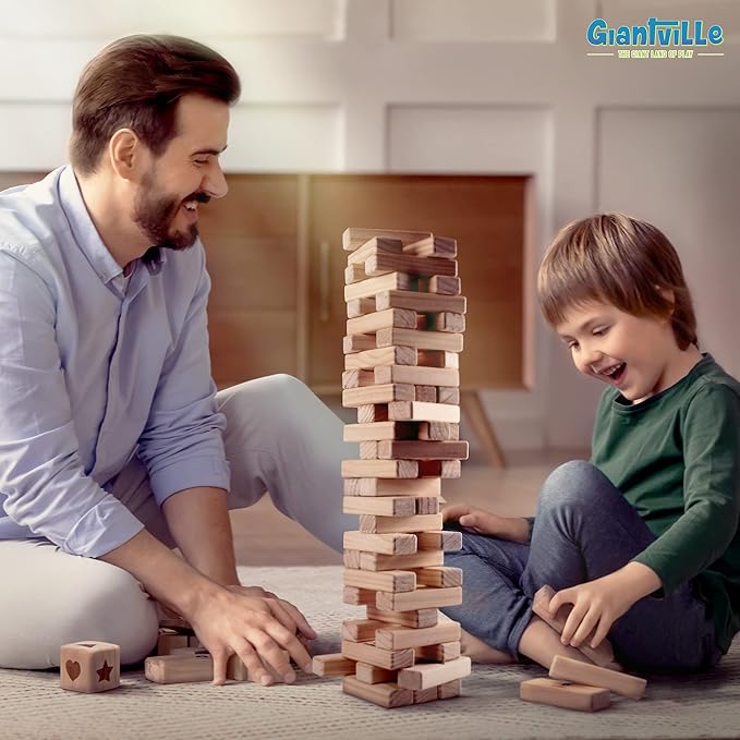 Giantville Giant Tumbling Timber Toy - Premium Pine Wood Life-Size Blocks Tower - Big Floor/Board Indoor/Outdoor Yard Game for Kids & Adults - 54-Pieces + Dice + Carry Bag - Grows to Almost 3-Feet