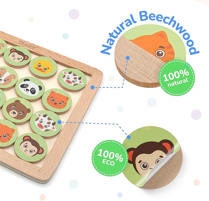 Bimi Boo Wooden Memory Matching Game for Toddlers 3+ Year Old - Memory Match Board Game with Tiles - Cognitive Skill Development Preschool Learning Toy (100 Tiles, 50 Matching Pair Chips, 5 Themes)