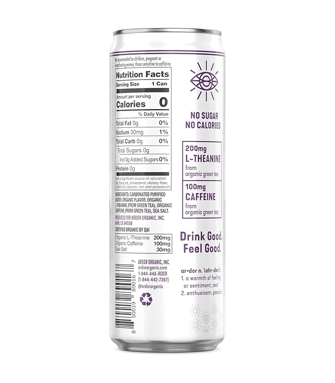 ARDOR ENERGY Sparkling Water with 100mg Natural Caffeine & 200mg L-Theanine from Organic Green Tea for Smooth Energy & Focus | Healthy Energy Drink | No Sugar, Zero Calories, Vegan, Gluten-Free | Vanilla Blackberry (Pack of 12, 12oz cans)