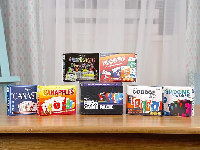 Regal Games Fun Card Games Set for Adults - Canasta, Spoons and a Spork, Garbage Monsters, ScorZo, The Goodge Rules, and Banapples Decks - Fun & Travel Playing Cards for Family Game Night