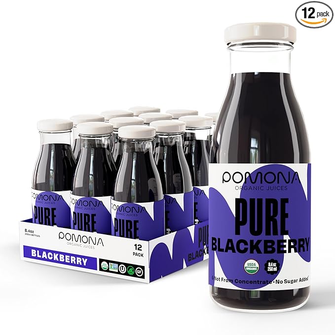 Pomona Organic Blackberry Juice (Pack Of 12), Cold Pressed USDA Organic Juices, 100% Blackberries, No Added Sugar, Not From Concentrate, Vegan, Kosher, Non GMO, Pasteurized, 8.4 Oz Glass Bottles